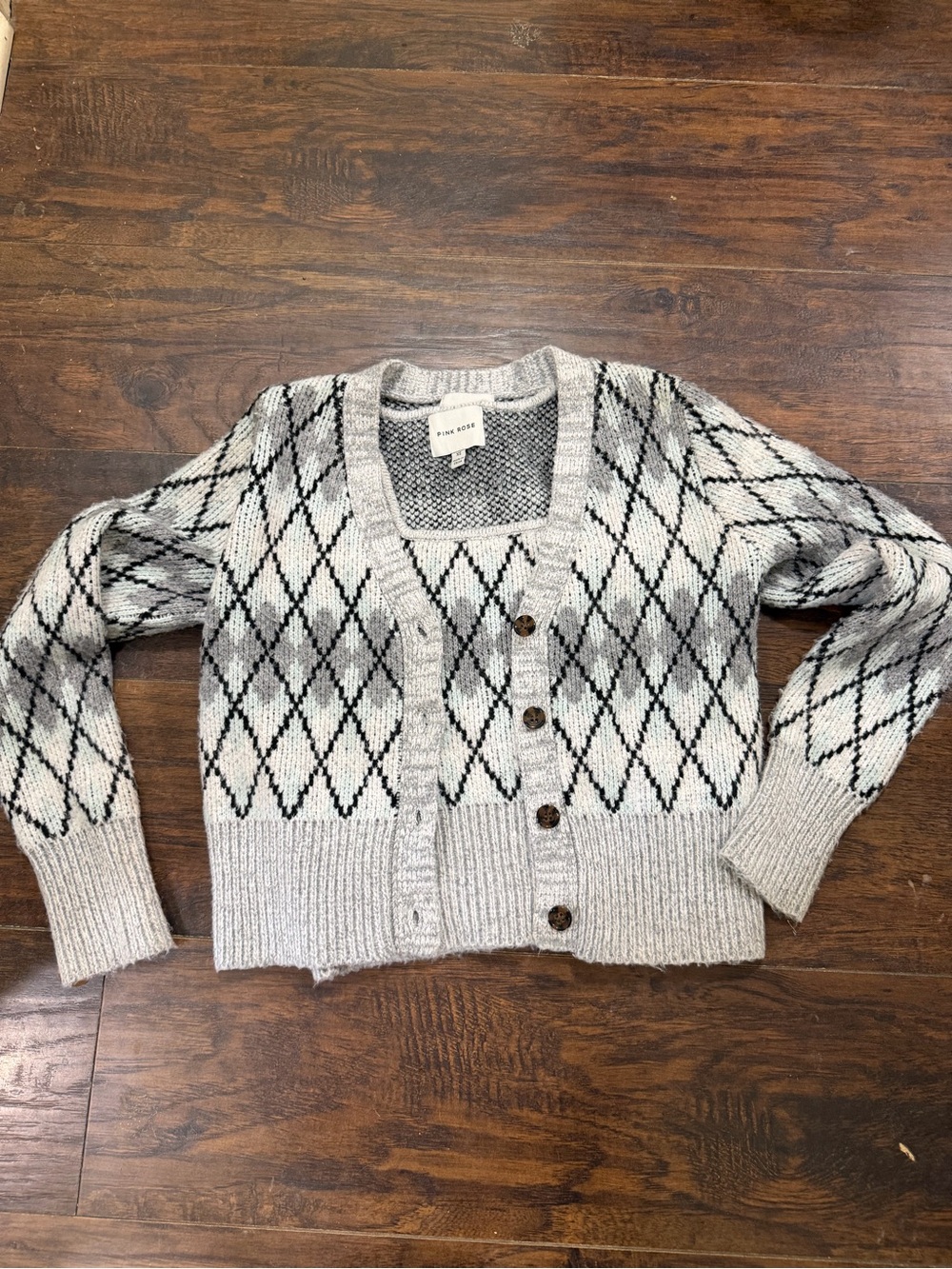 Pink Rose Argyle Gray & Blue Sweater Cardigan Vest Set Size XS